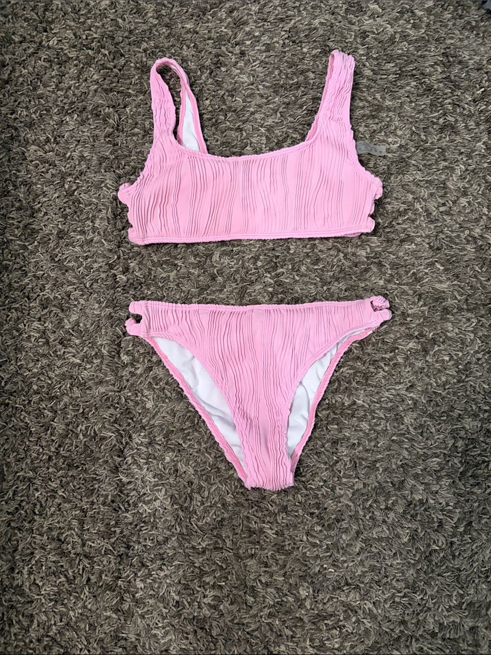 SHEIN Pink Textured Scoop Neck Bikini Set